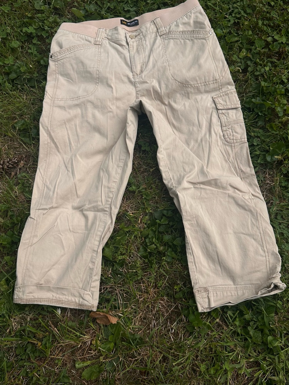 Vintage 90s Y2K Cropped Cargo Pants in Light Tan with Elastic Waist by Lee
